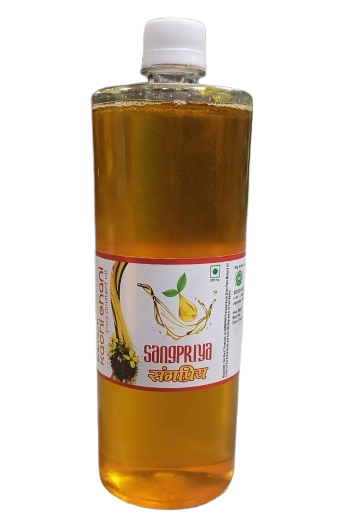 Sangpriya 1 litre yellow cold pressed mustard oil bottle